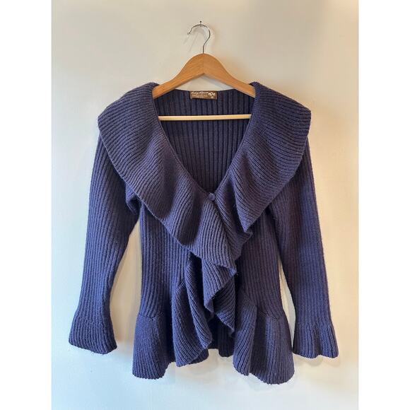 Vtg Handmade Baby Alpaca Romantic Purple Ruffle Front Long Sleeve Button Sweater - Picture 1 of 11